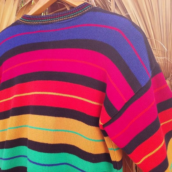 Vintage 80s V-neck Cardigan Ladies -S Pom Pom Fringe Bold Rainbow Striped Cotton - Picture 12 of 12